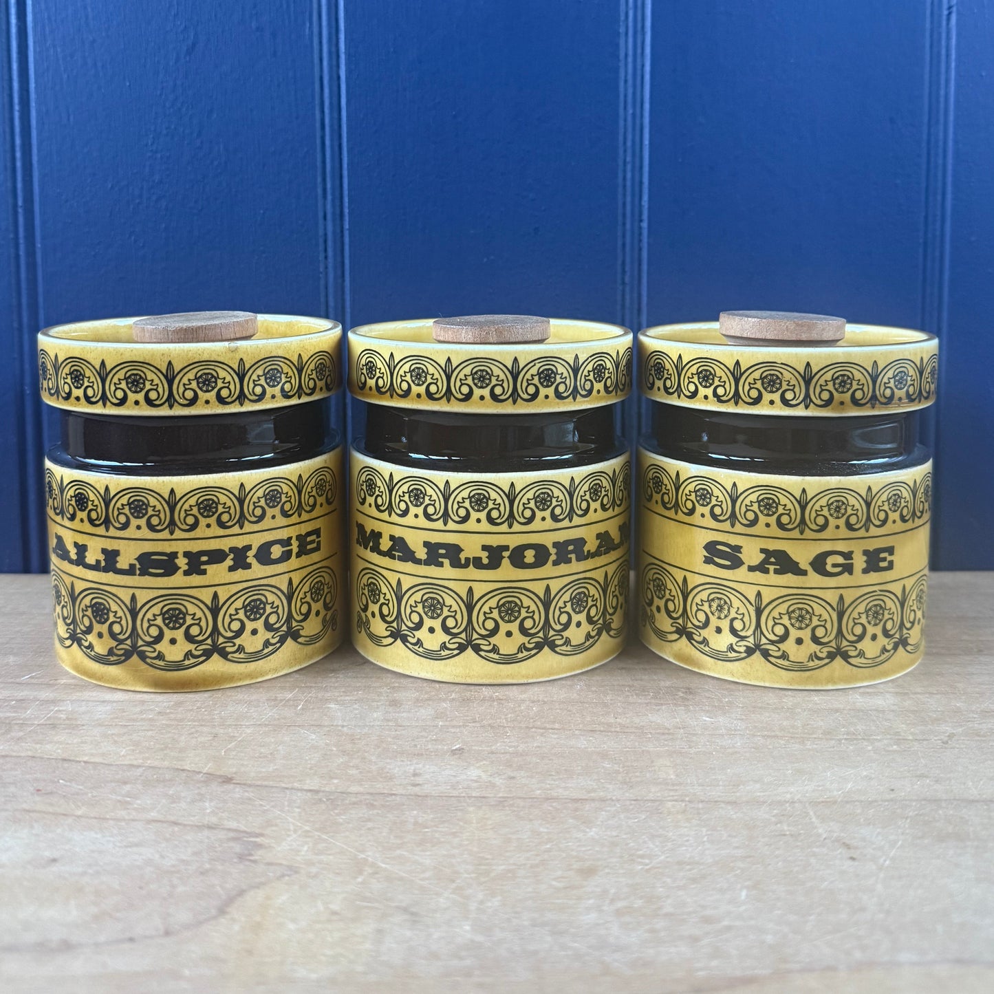 Vintage Hornsea Pottery Scroll Herb Jars — Set of Three