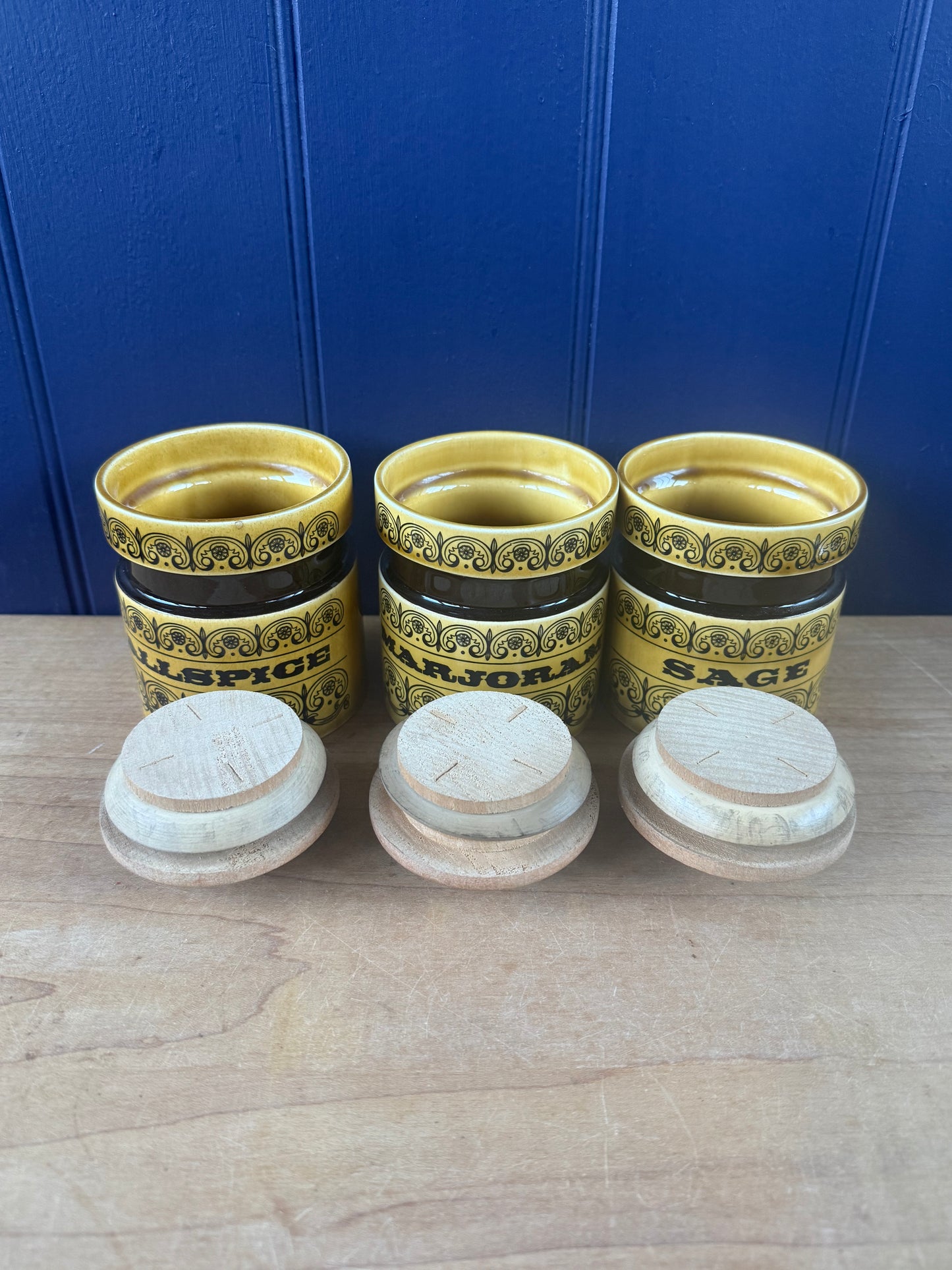 Vintage Hornsea Pottery Scroll Herb Jars — Set of Three